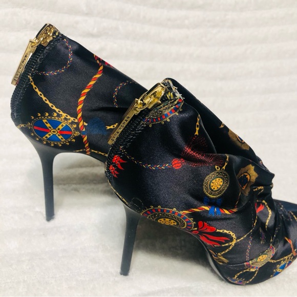 ZARA Black Ankle Boots Multi Scarf Print Satin Bootie Heels. Size 36 - Picture 12 of 14